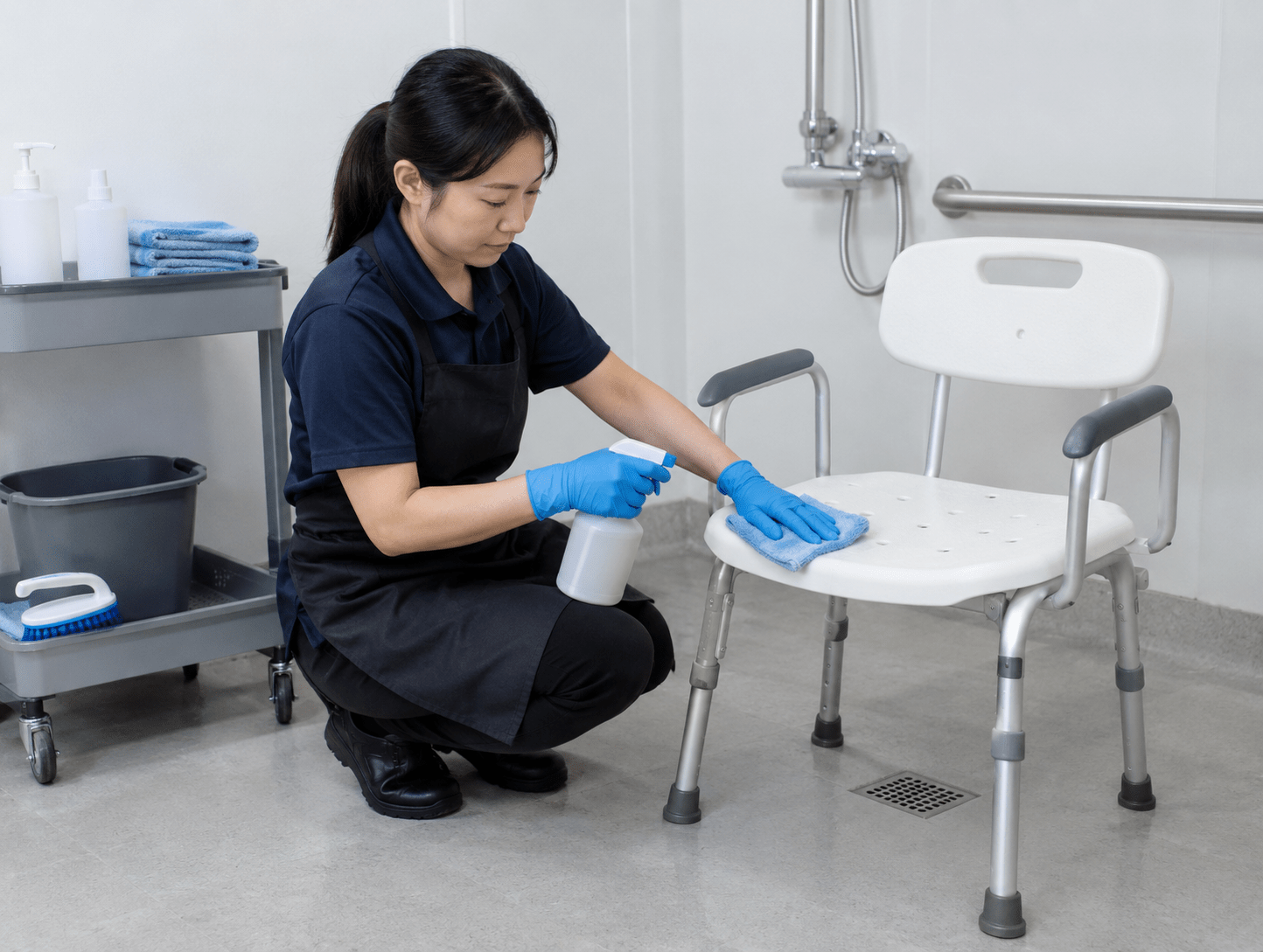 Trained worker following a controlled cleaning sequence