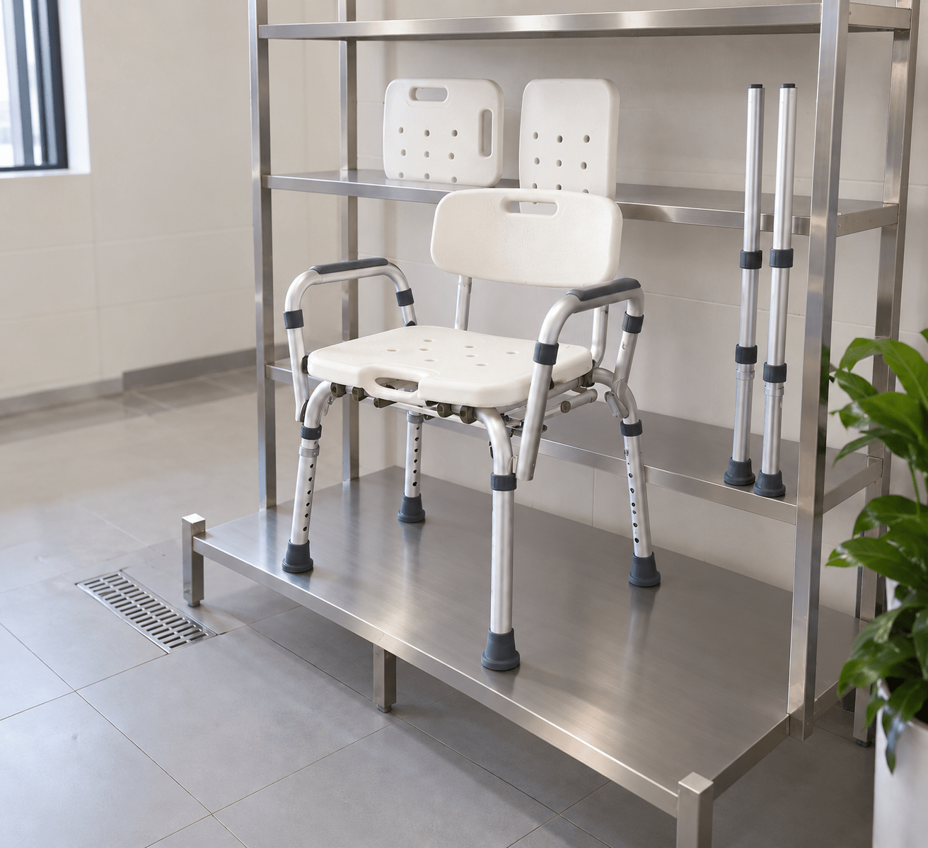 Ventilated shower-chair drying and storage station