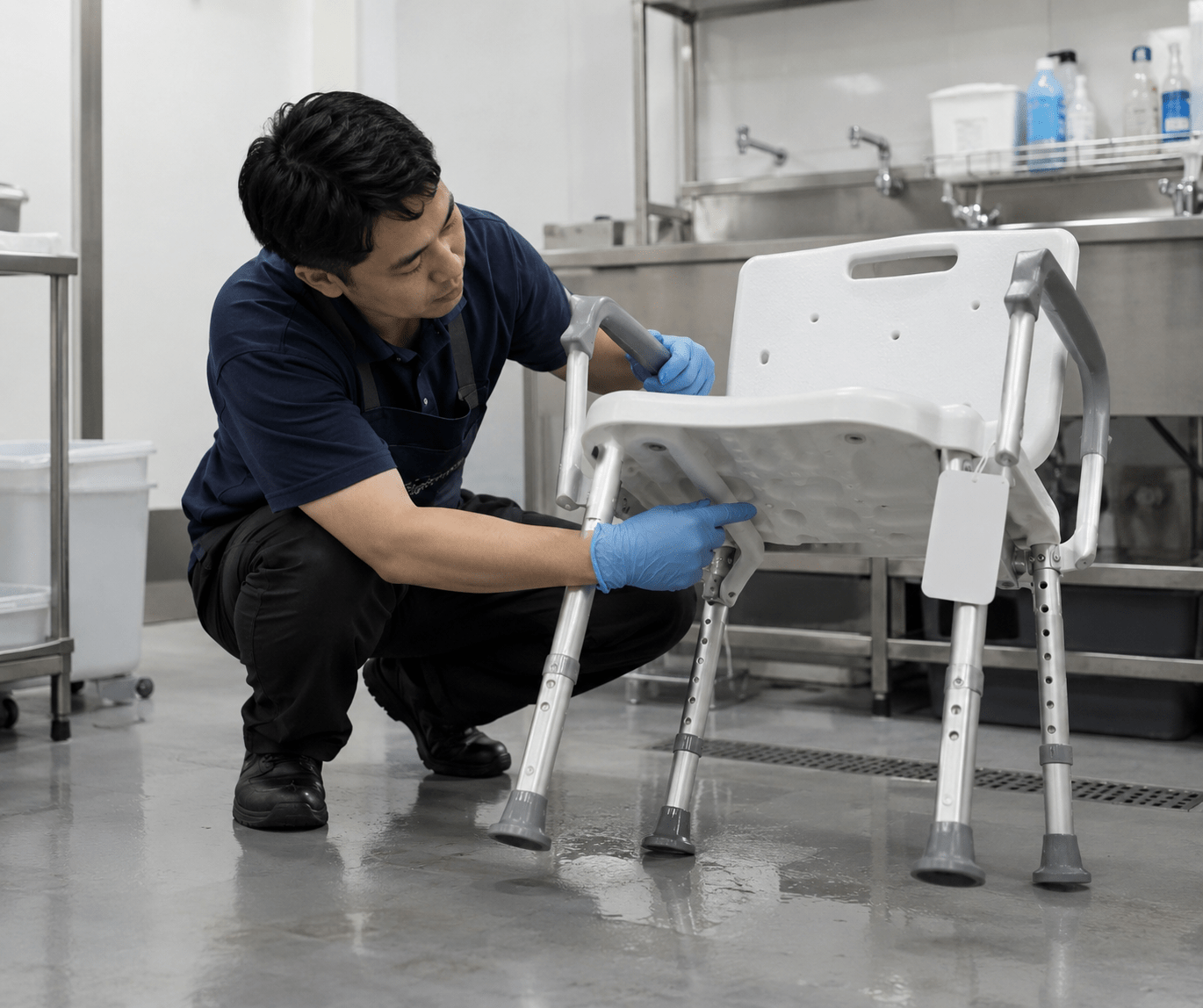 Pre-cleaning inspection of an empty shower chair