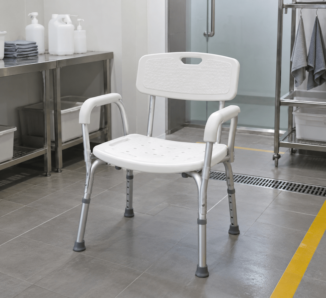 Empty shower chair in a controlled cleaning area