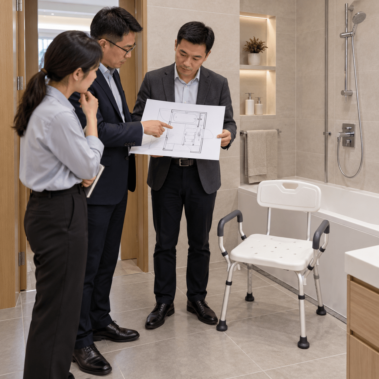 Planner reviews a compact bathroom layout
