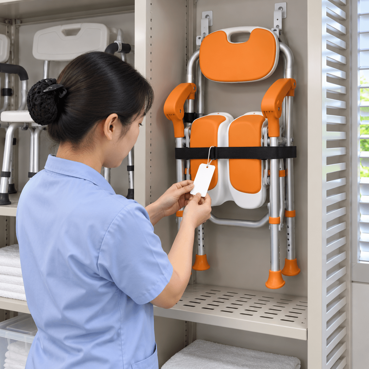 Folded chair in a ventilated storage niche