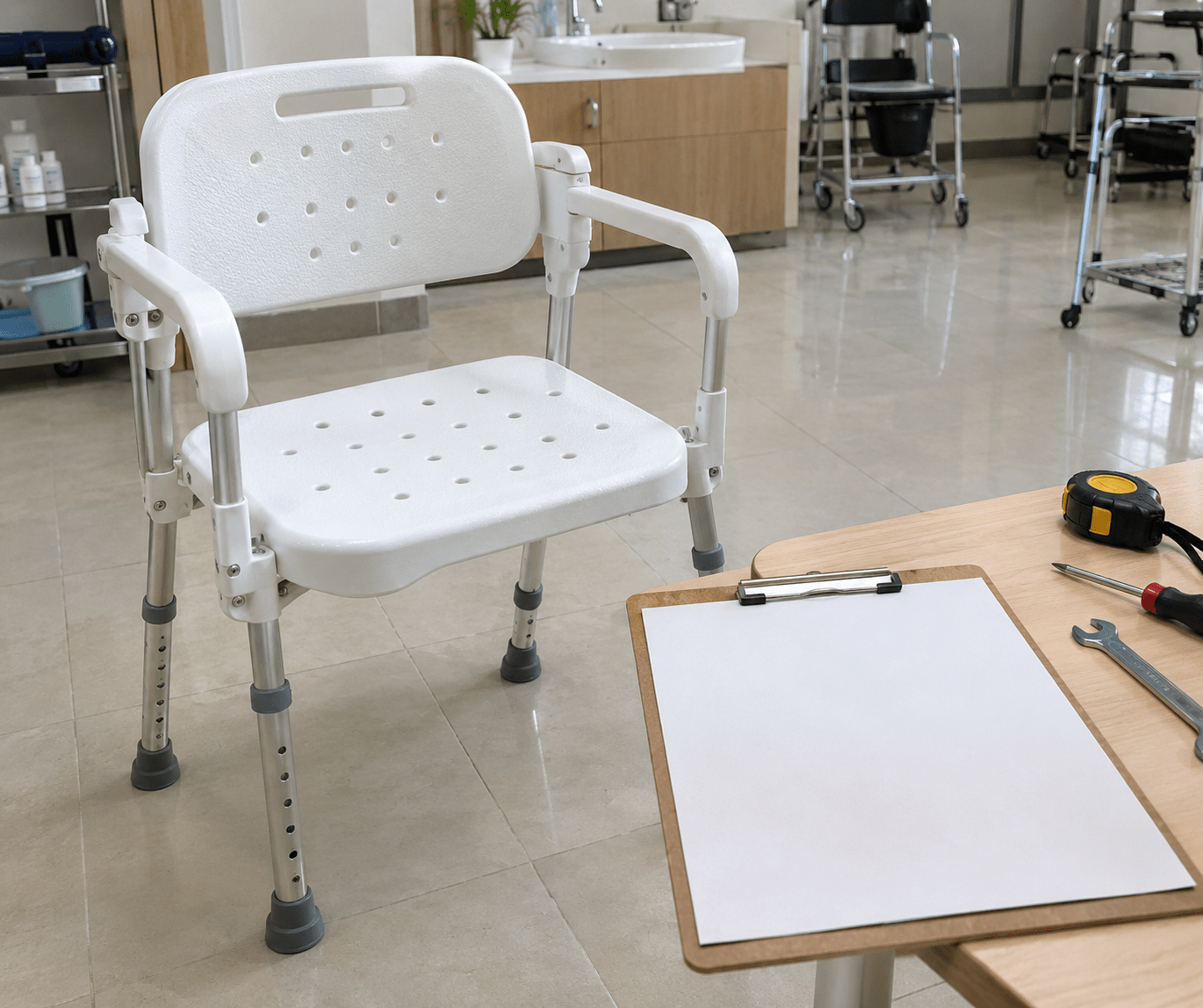 Blank maintenance checklist beside a shower chair