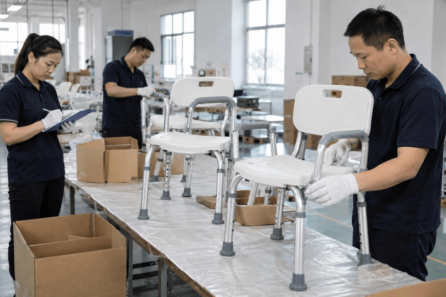 Quality team inspecting shower-chair assemblies