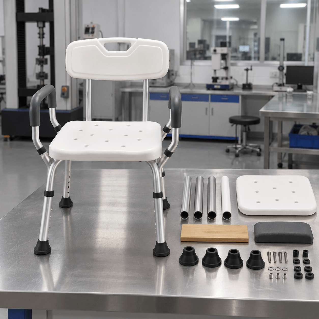 Shower-chair components grouped by material