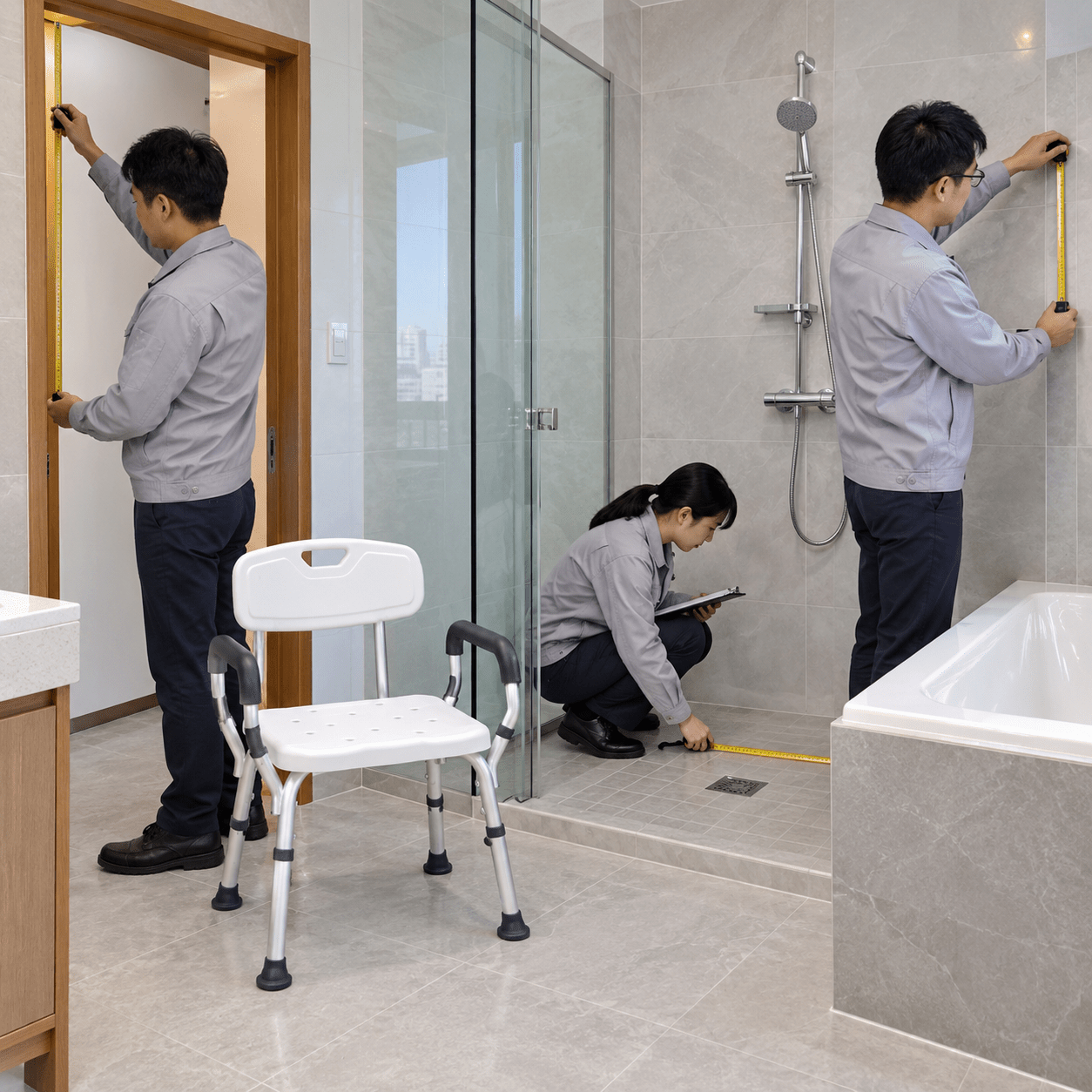 Engineers measure a bathroom mock-up