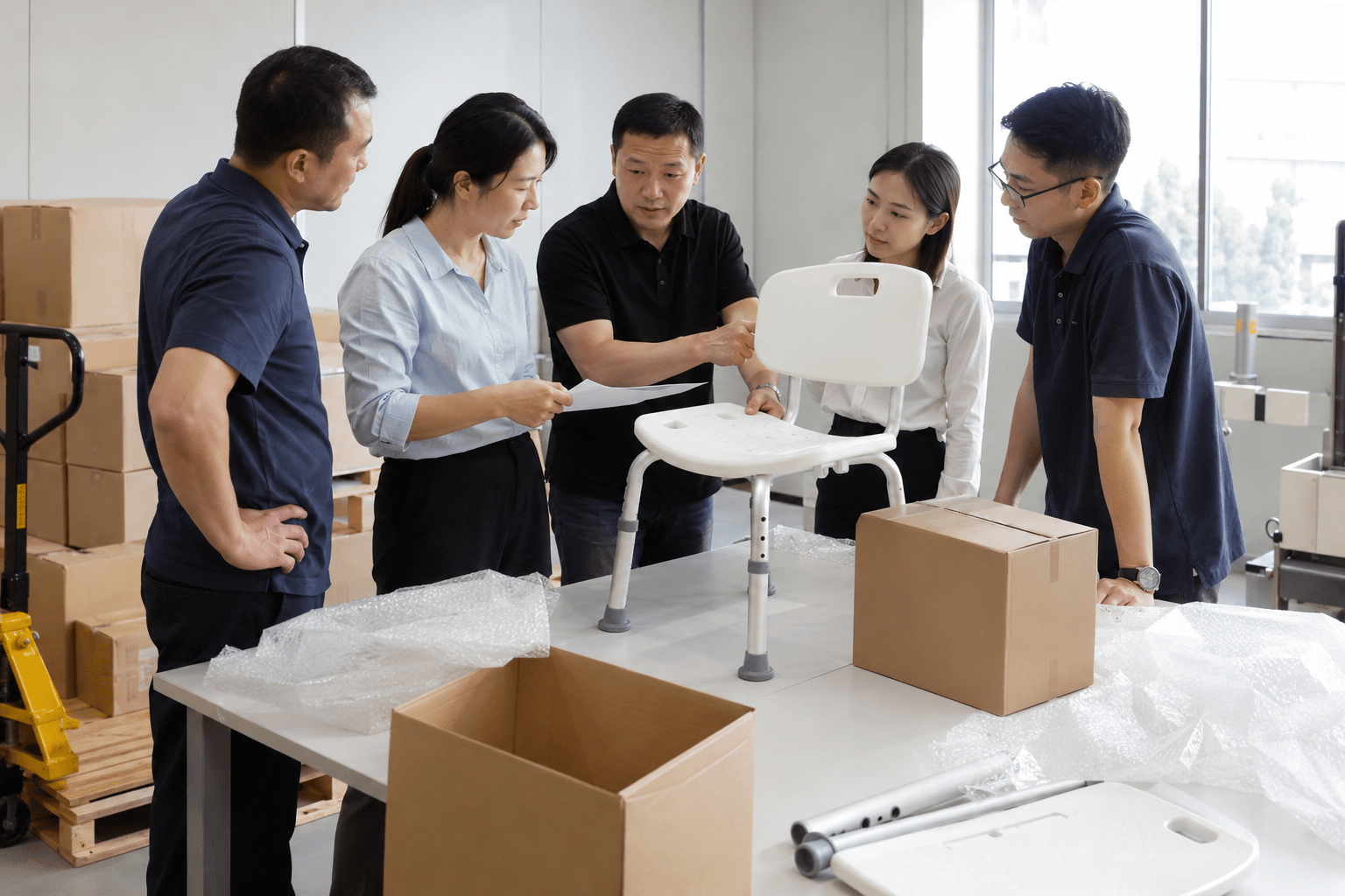 Packaging design meeting with blank cartons
