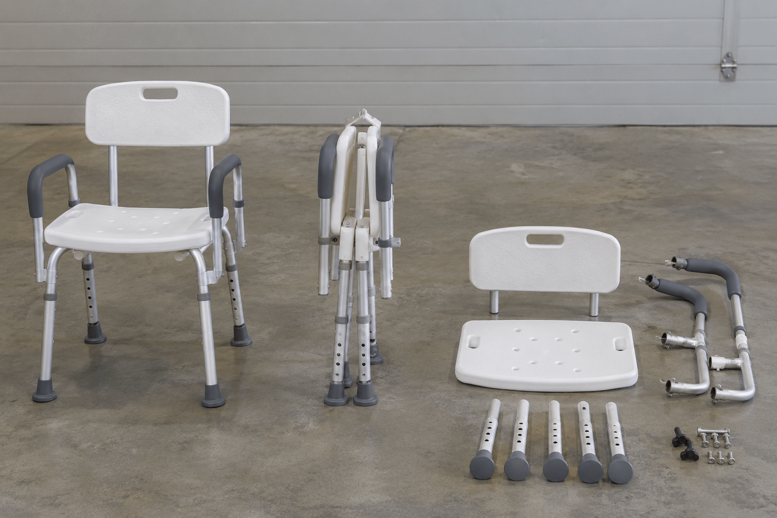 Assembled and knocked-down shower-chair states