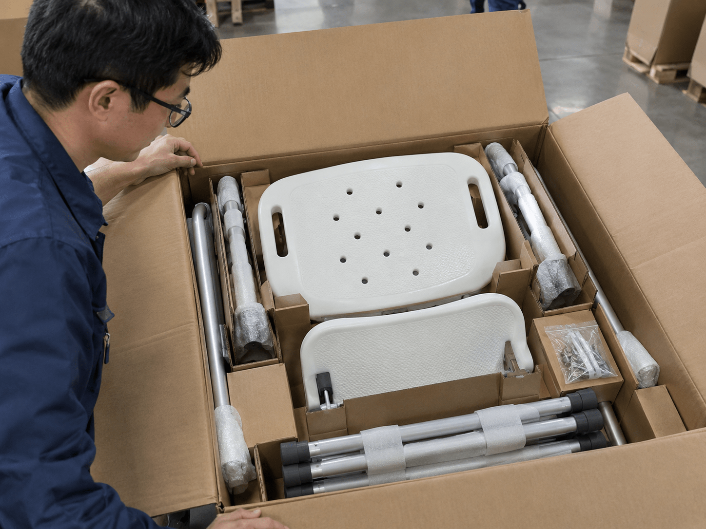Protected shower-chair modules in an open carton