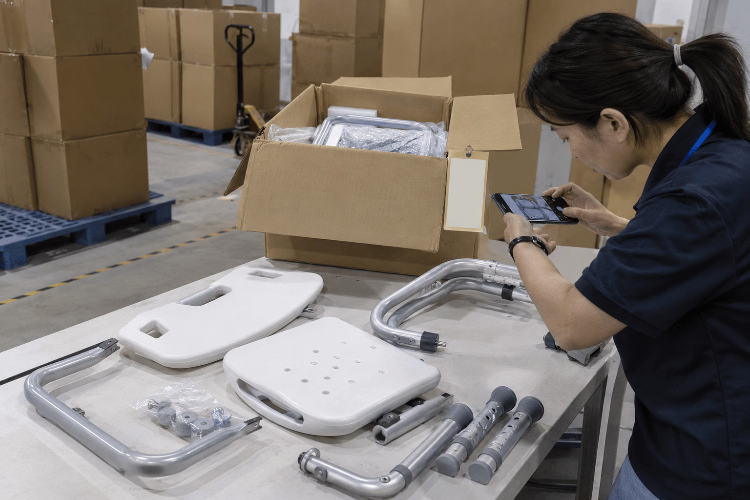 Warehouse receiving inspection of packed chairs