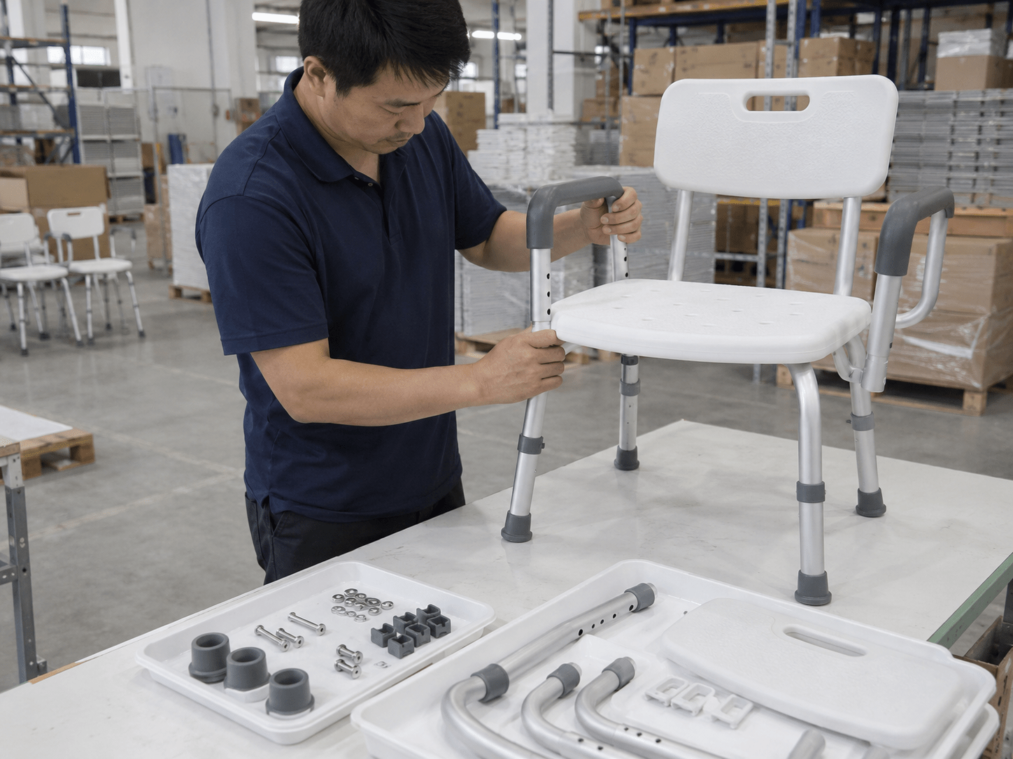 Technician assembling a received shower-chair sample
