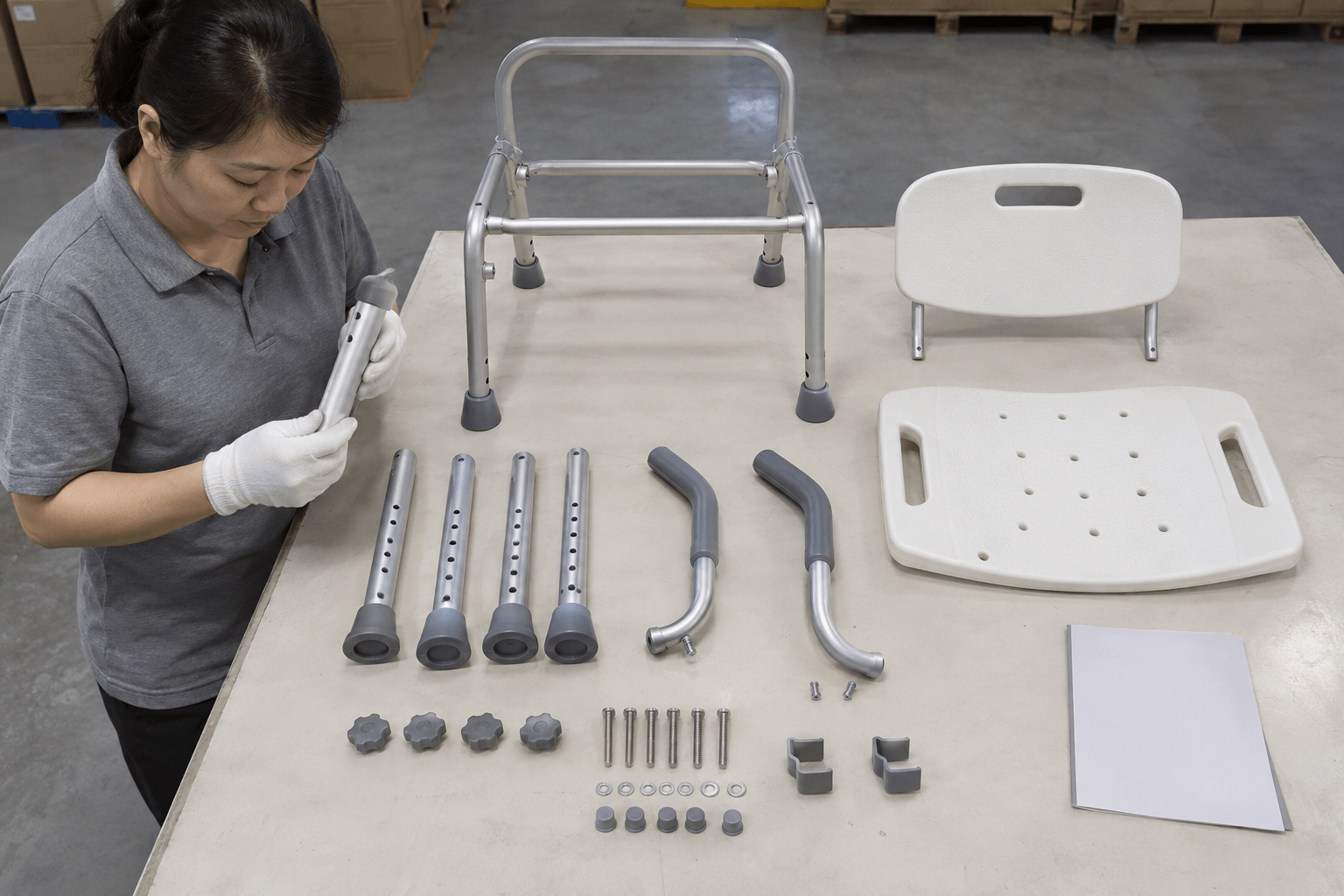 Shower-chair components arranged for completeness review