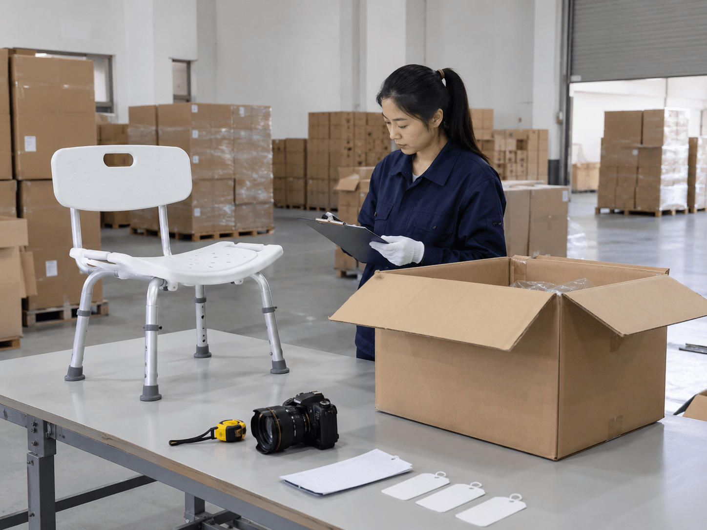 Shower-chair receiving station in a warehouse