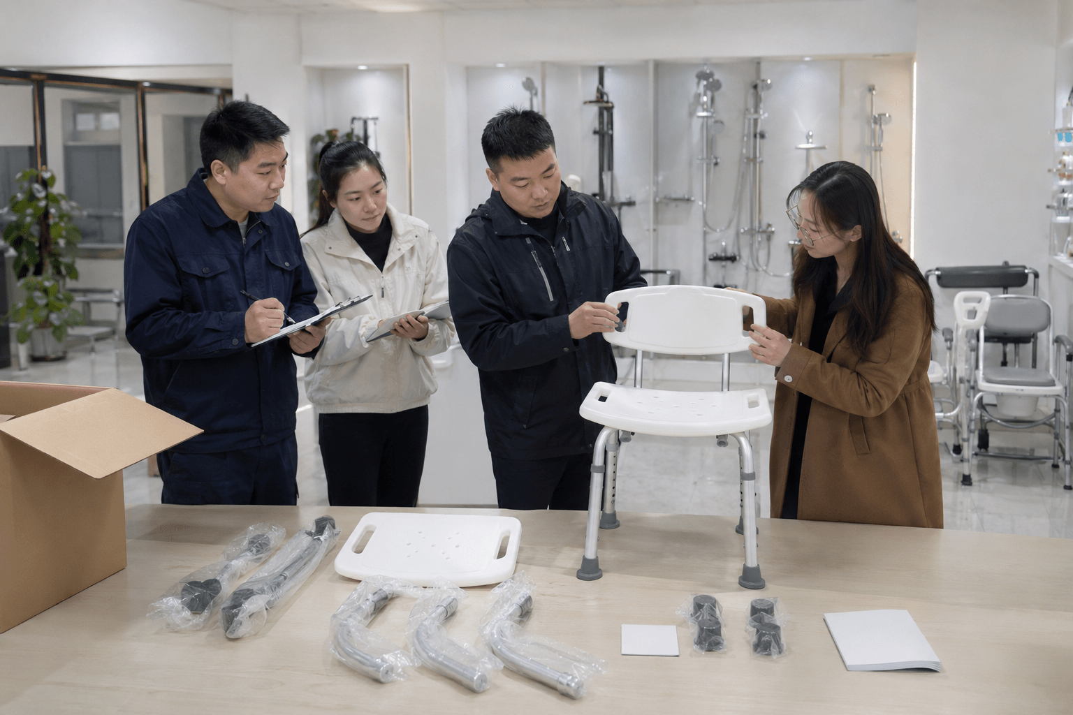 Distributor team receiving an unbranded shower-chair sample