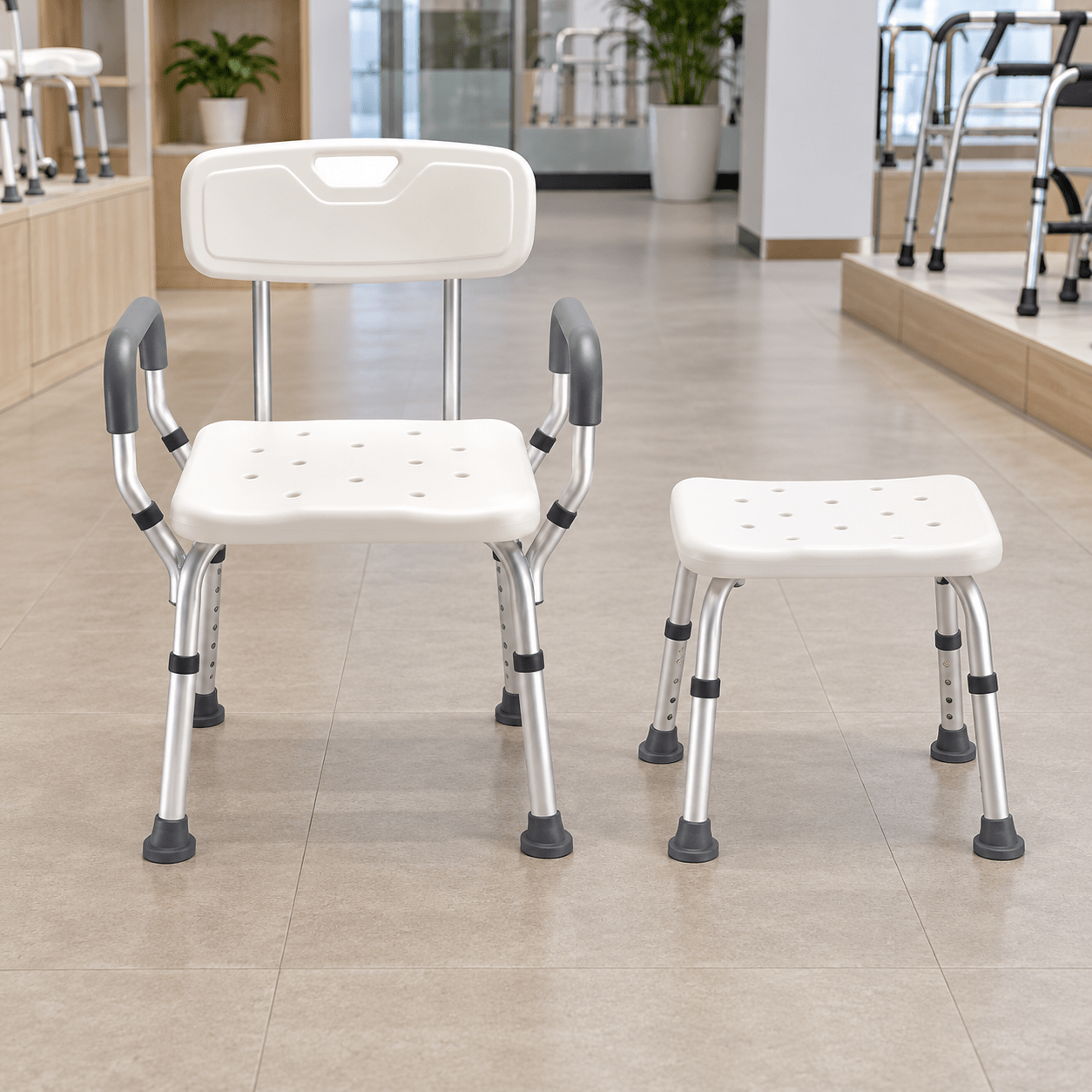 Unbranded shower chair and stool in a showroom