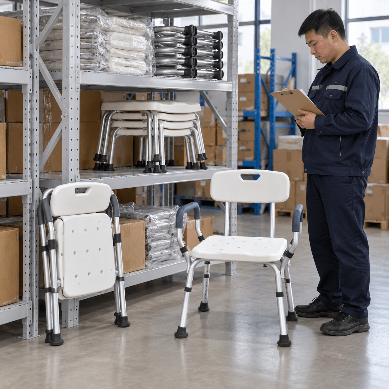 Folded chair and compact stool near storage