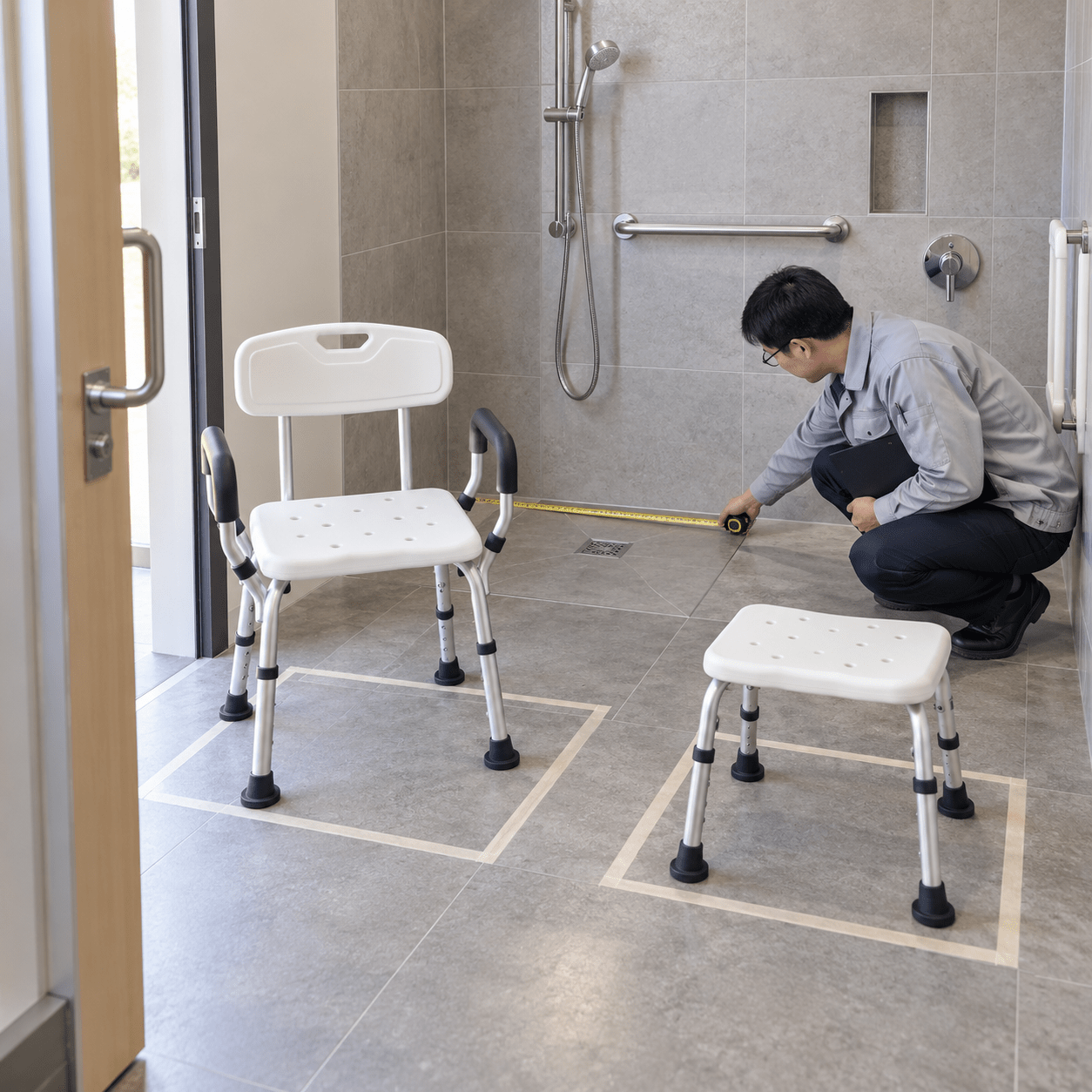 Measured bathroom footprint with chair and stool