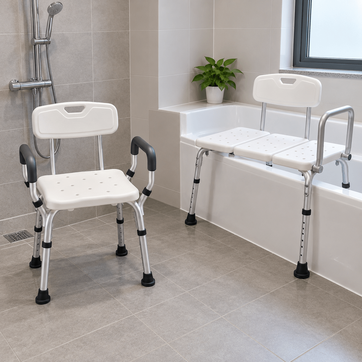 Unbranded chair and transfer bench in a test bathroom
