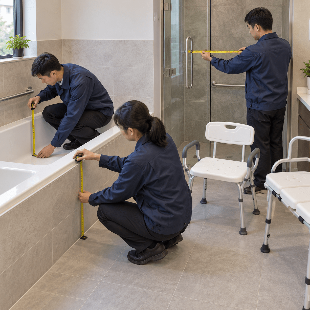 Engineers measure bathtub and walk-in shower