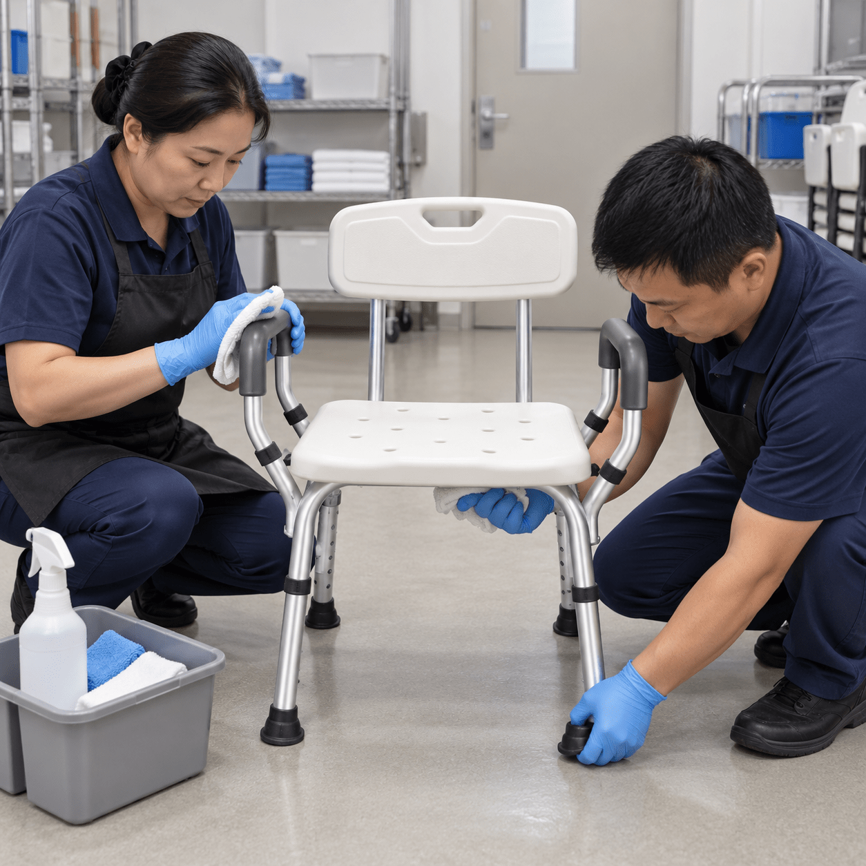Facility staff clean and inspect an empty chair