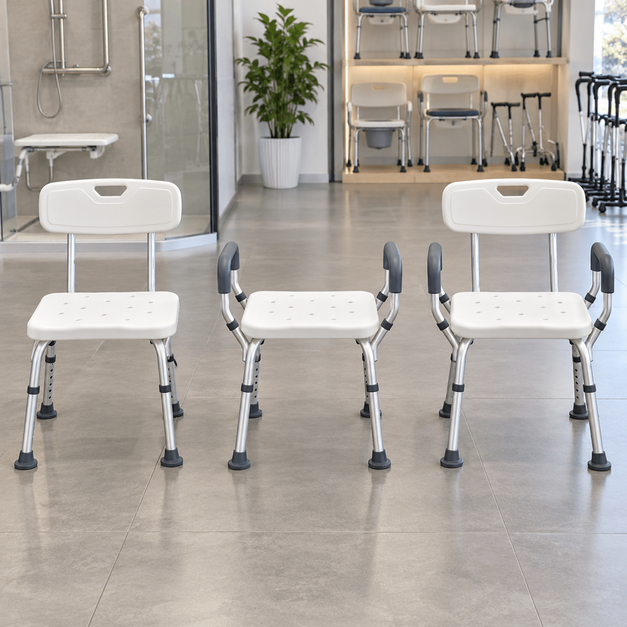 Unbranded shower chair support configurations