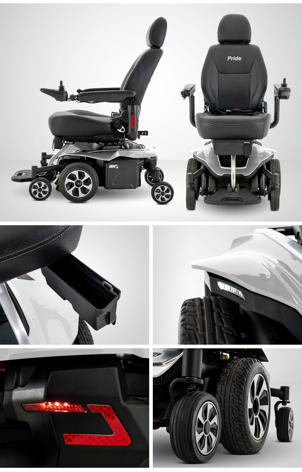 A modern white electric wheelchair